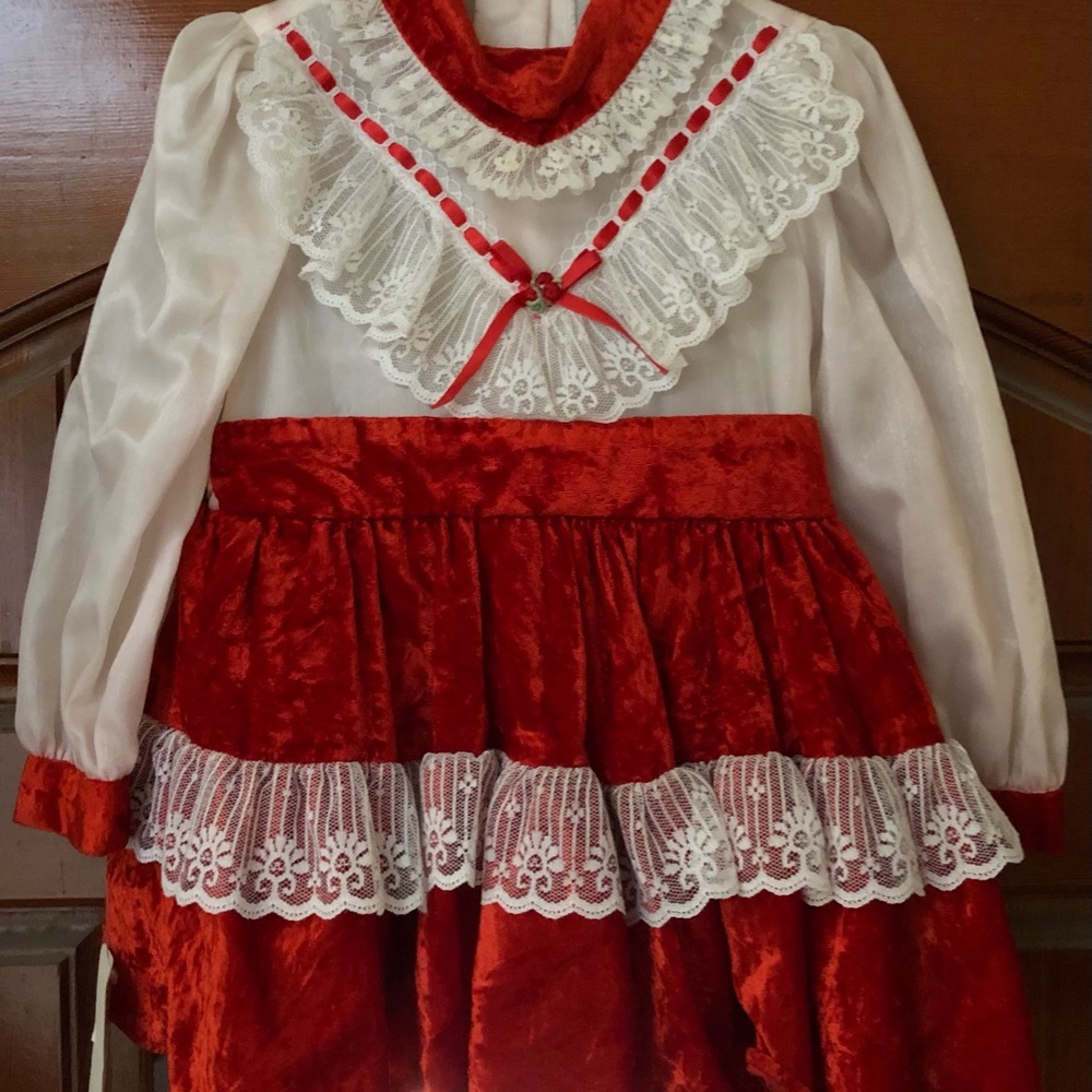 Red and white with lace and red velvet pageant dress – 18 month old.